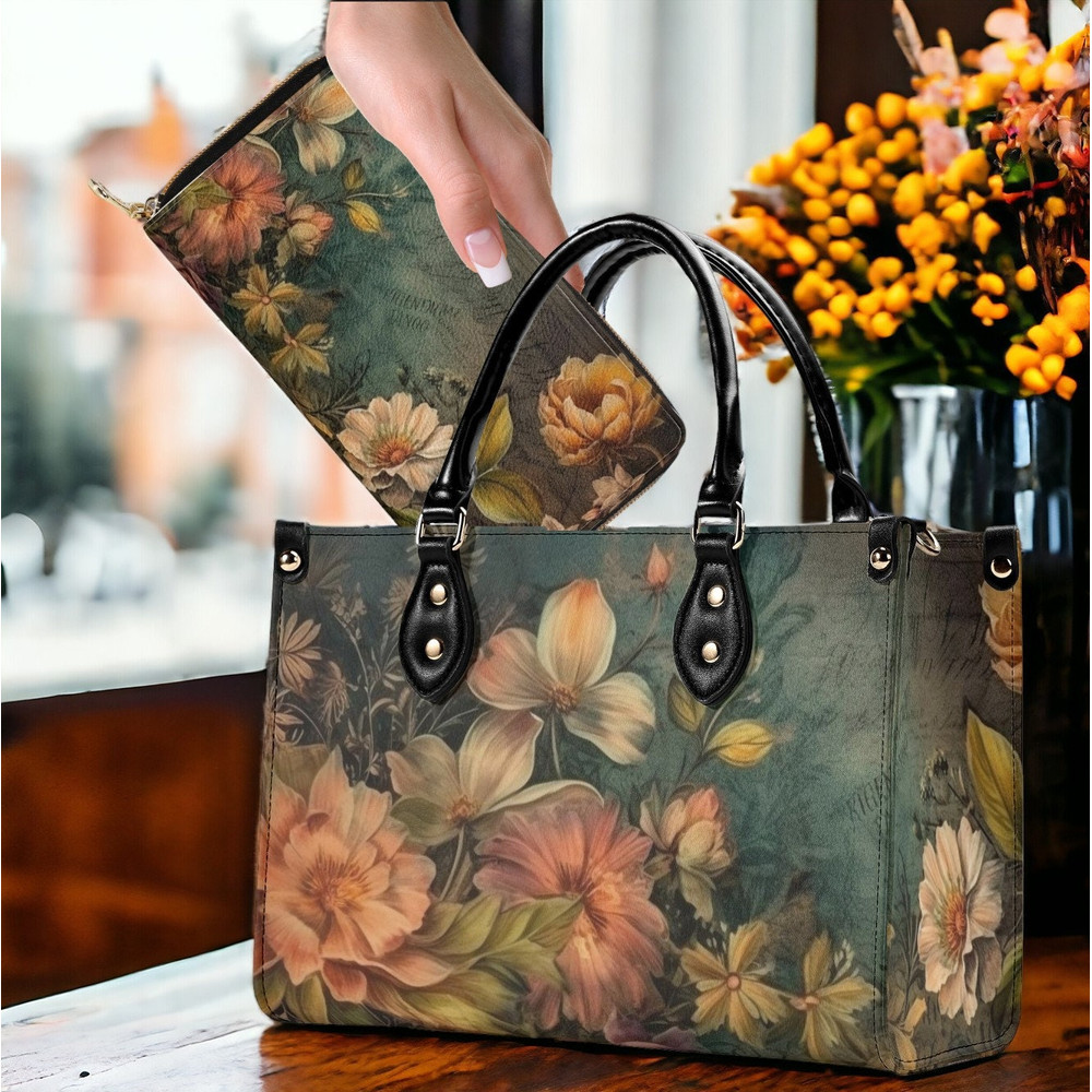 Witchy Oil Paint floral Dark Academia top handles Vegan leather handbag purse with shoulder strap, Teal crossbody bag retro Hippies gift.jpg