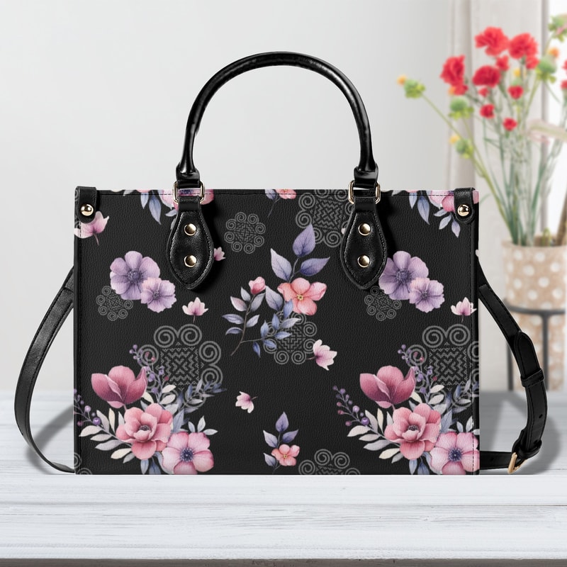 Hmong Purple Floral Leather Handbag Luxury Women's Leather Handbag - Gift for Mom Sister Gift for Her Wife.jpg