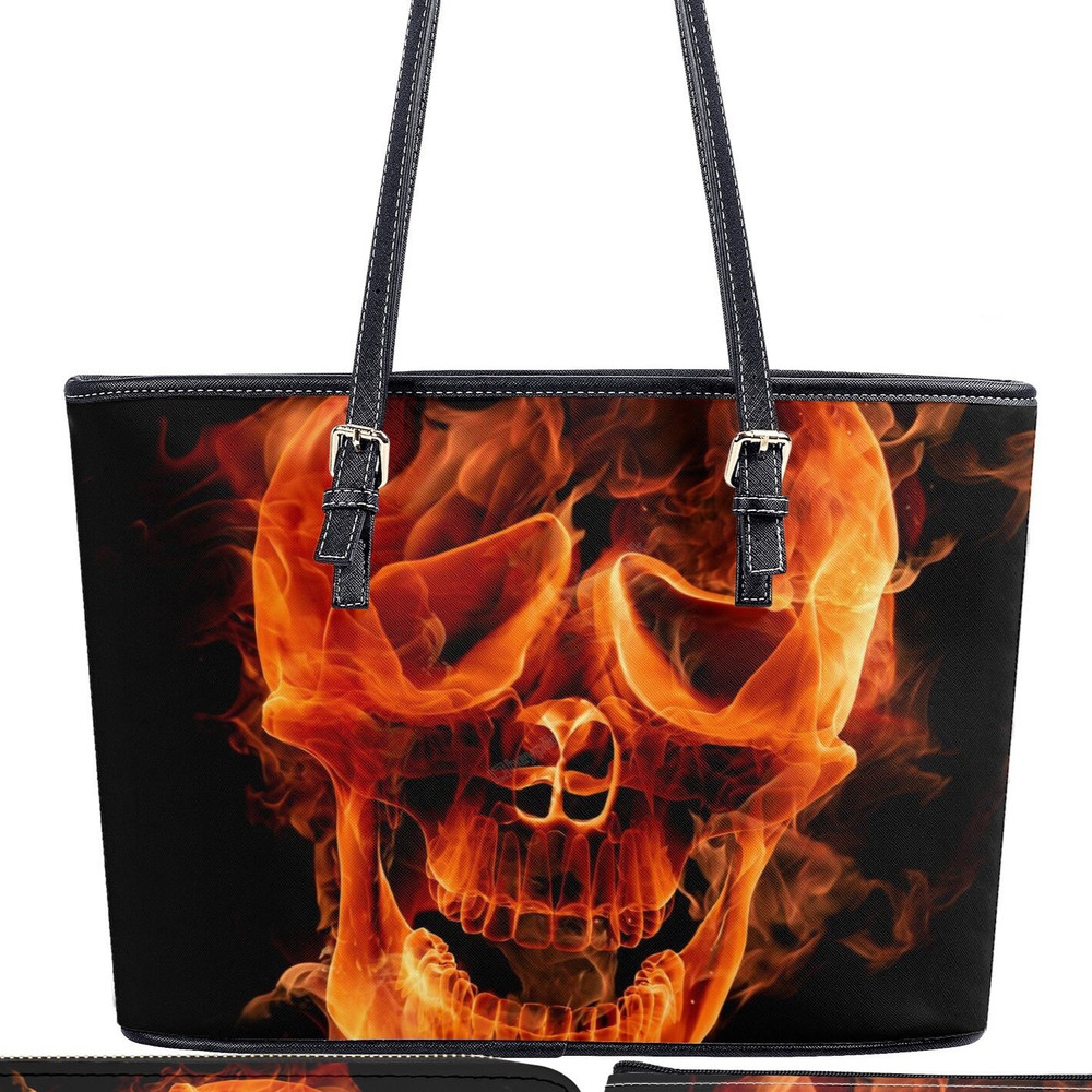 Flame skull messenger bag, punisher skull handbag, skull in fire tote bag, floral skull long wallet, floral skull crossbody bag skull purse.jpg