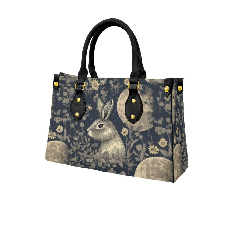 Small Vegan Leather Purse, Dark Cottagecore Rabbit Lover Handbag, Animal Lover Gift, Monochrome Earth Tone Full Moon Floral Celestial Theme.jpg
