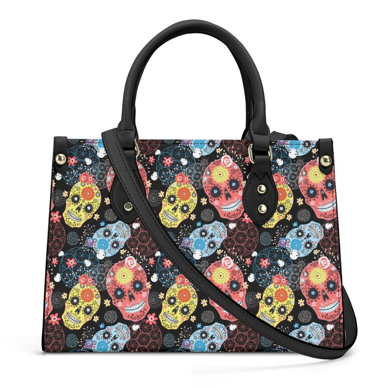 Sugar skull tote bag, mexican skull bag with shoulder strap, mexican skull cosmetic bag, candy skull shoulder bag, calaveras skull crossbody.jpg