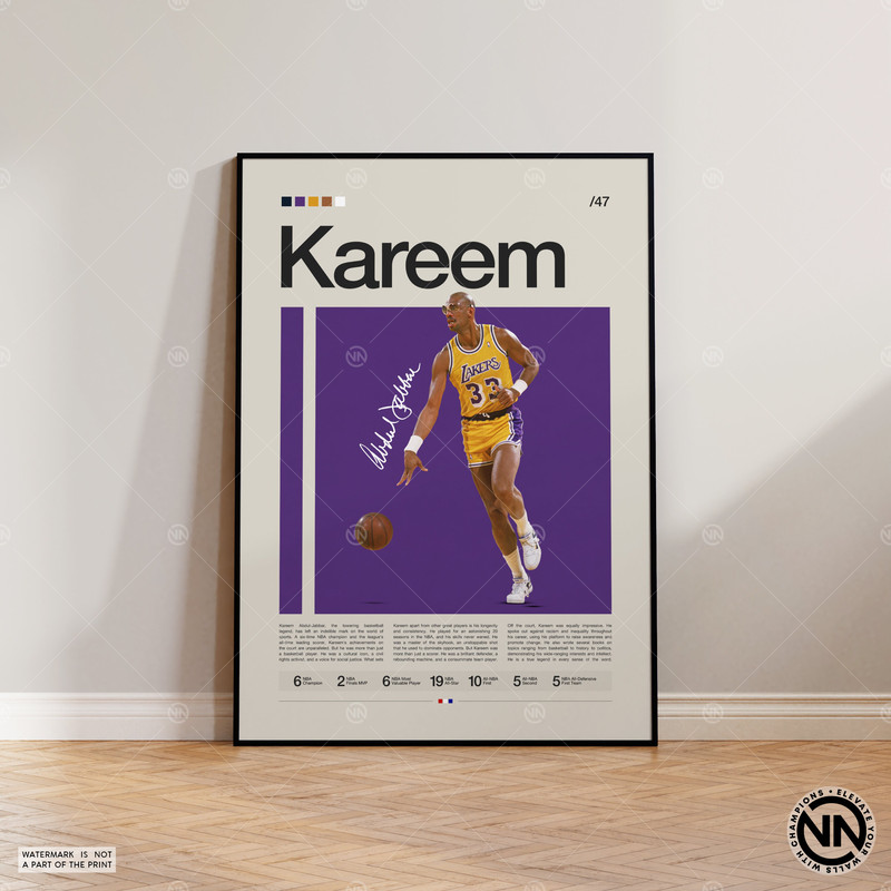 Kareem Abdul-Jabbar Poster, LA Lakers, NBA Poster, Sports Poster, Mid Century Modern, NBA Fans, Basketball Gift, Sports Bedroom Posters.jpg