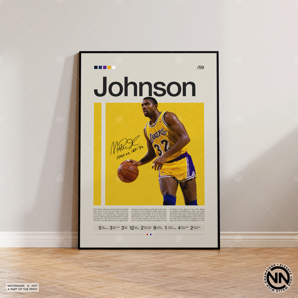 Magic Johnson Poster, LA Lakers Poster, NBA Poster, Sports Poster, Mid Century Modern, NBA Fans, Basketball Gift, Sports Bedroom Posters 1.jpg