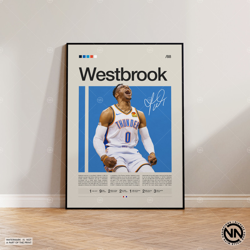 Russell Westbrook Poster, Oklahoma City Thunder OKC, NBA Poster, Sports Poster, Mid Century Modern, NBA Fans, Sports Bedroom Posters.jpg