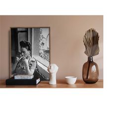 frida kahlo smoking poster, mexican artist, black and
