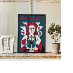 merlot wine poster - beverage poster, art deco,