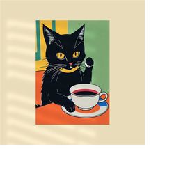 cat & coffee art print - giclee reproduction