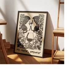 lesbian empowerment wine poster, black and white, vintage