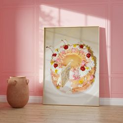cute cake art, grainy art print,retro cake poster,midcentury photo art, pink red art, cherry cake art, french cake, kitc