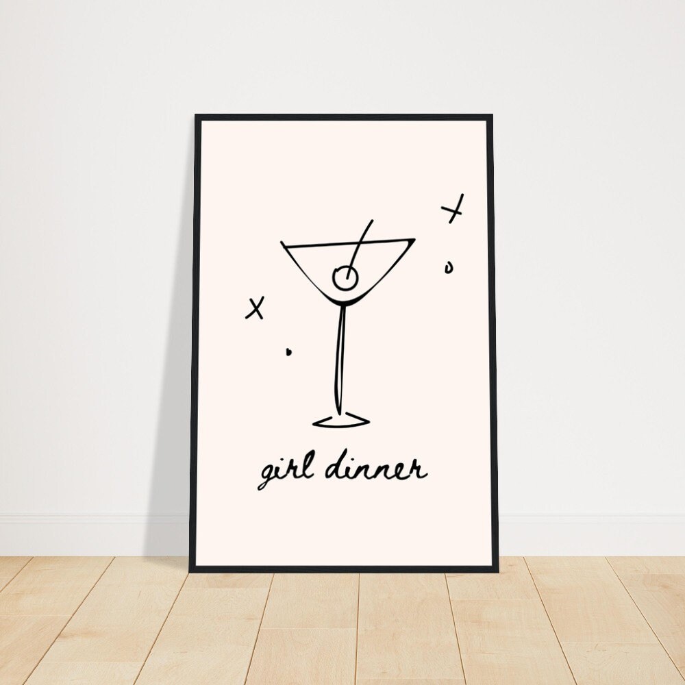 Girl Dinner Print, Minimalist Modern Art, Trendy Decor, Preppy Room Decor, Wood Frame Pink Poster, Girl Dinner Poster Framed.jpg