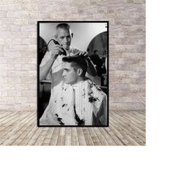 elvis presley army haircut black and white poster
