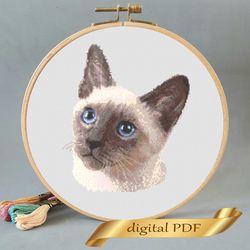 Thai cat pattern pdf cross stitch, pets easy embroidery DIY, art 1