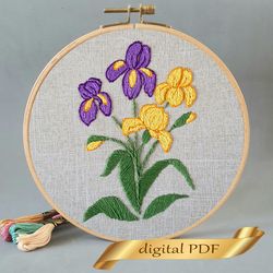 Bright irises pattern pdf embroidery, Easy hand embroidery DIY, step by step embroidery tutorial
