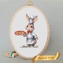 Bunny and pizza pattern pdf cross stitch, small design easy embroidery DIY, art 1