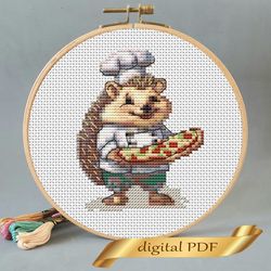 Hedgehog and pizza pattern pdf cross stitch, small design easy embroidery DIY, art 1
