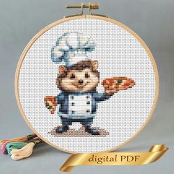 Hedgehog and pizza pattern pdf cross stitch, small design easy embroidery DIY, art 2