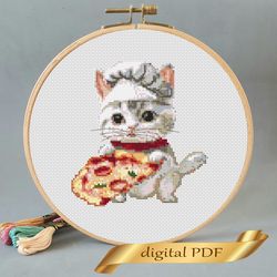 Cat and pizza pattern pdf cross stitch, small design easy embroidery DIY, art 20