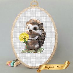 Hedgehog and dandelion pattern pdf cross stitch, small design easy embroidery DIY, art 3