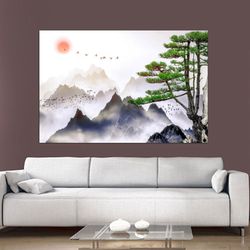 Landscape Poster Print Art, Japanese Landscape Painting of Pine Trees Canvas Wall Art, Distant Mountains, Cloud Poster,