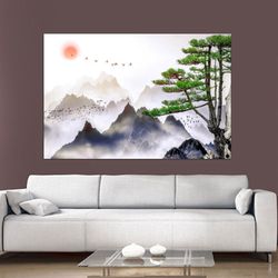 landscape poster print art, japanese landscape painting of pine trees canvas wall art, distant mountains, cloud poster,