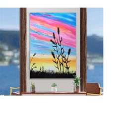 abstract colorful waving wheat fields - sunrise nature wall art - wheat canvas painting print - nature landscape canvas