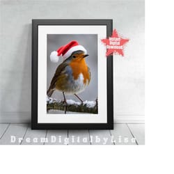 christmas robin print, robin red breast, festive wall art, robin decor, santa hat, wildlife prints, garden birds, instan