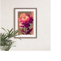 peony floral art print, peony wall decor, vintage botanical artwork, minimalist poster, bedroom wall decor, pink flower