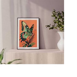 orange monarch butterfly print, digital illustration insect bug poster home dorm decor printable wall art, instant downl