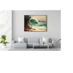 ocean wave art print, watercolor beach cove poster, turquoise wave print, wave painting, watercolor sea painting, vintag