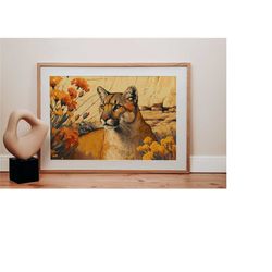 mountain lion poster art, floral wall hanging, western farmhouse decor, vintage wildlife, digital printable, big car art