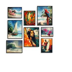 tropical surf poster bundle, coastal aesthetic artwork prints, set of 8 posters, printable digital download collection,