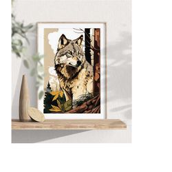 timberwolf poster print art, wolf poster, bedroom wall art, wolf painting, forest animals, digital download, national pa