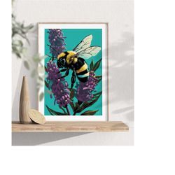 bumble bee art print, bee art, bumble bee lavender, floral art, flower painting, art prints, bee wall art, floral wall a