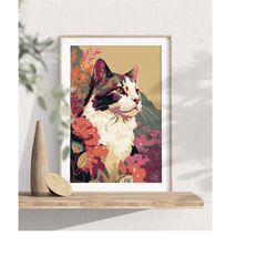 calico cat flower art, cat with flowers, multicolor pets artwork, animals wall art, modern cat print, digital download,