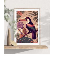 toucan bird art print, vintage tropical bird illustration, toucan wall art print, digital download art, jungle bird post