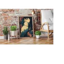 white cockatoo bird poster, tropical paradise decor, digital printable, bird art, cockatiel printable, tropical bird wal