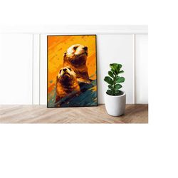 sea otter portrait poster, wildlife decor print, digital printable, boho interior decor