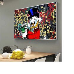 funny money counting scrooge mcduck canvas print - a playful and whimsical piece for living room wall decor