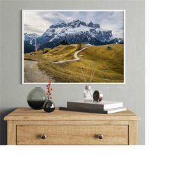 green grass field on top of mountain with brown wooden house canvas, dolomites, alta badia, italy wall art, dolomites, i
