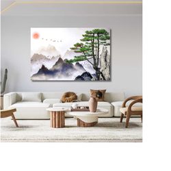 Japan Print Art Wall Decor,Japanese Landscape Painting of Pine Trees Canvas Wall Art,Distant Mountains,Cloud and Sunrise