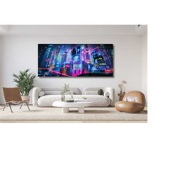 cyberpunk city neo futuristic canvas poster, wall art, wall decor, canvas print, room decor, home decor, game poster for