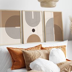 set of 3 mid century modern boho art, wall art decor, beige terracotta boho style art poster, living room wall art objec