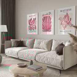 set of 3 pink matisse for gallery wall - henri matisse abstract botanical elegance and exhibition poster