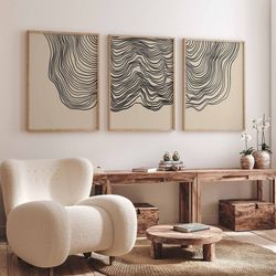 set of 3 modern wall decor print abstract art, abstract line art, black and beige minimalist decor tree rings poster