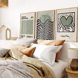 set of 3 sage green kusama, keith haring and bauhaus, green wall art poster, beige wall art, famous artists