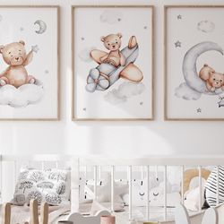 set of 3 teddy bear print,bear nursery decor,nursery wall decor,baby boy print,new baby printable,brown nursery poster,n