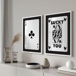 trendy retro wall art set of 2, black lucky you poster, funny typography print, aesthetic room decor, lucky you wall art