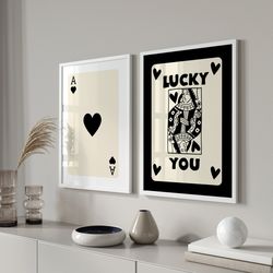trendy retro wall art set of 3, retro trendy aesthetic print, black ace card poster, lucky you poster, trendy wall art,