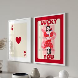 trendy retro wall art set of 3, retro trendy aesthetic print, red ace card poster, lucky you poster, trendy wall art, fu