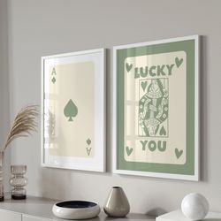 trendy retro wall art set of 3, retro trendy aesthetic print, sage green ace card poster, lucky you poster, trendy wall